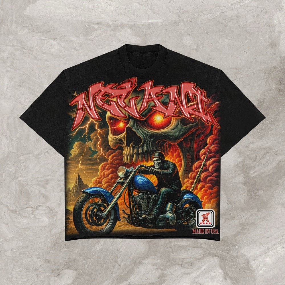 Black Graphic Tee with Skull and Motorcycle Design